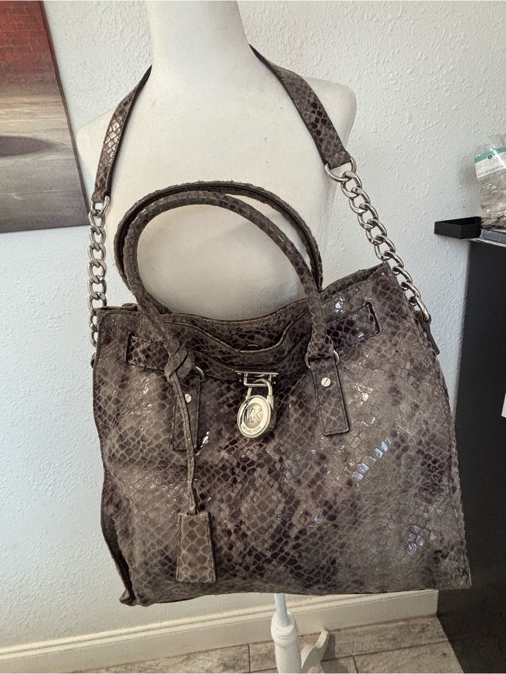 Authentic Michael Kors Gray Snakeskin-Embossed Satchel with Silver Hardware - Picture 8 of 11